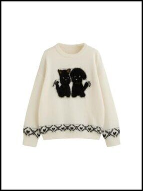 Oversized Cat Graphic Knit Pullover Sweater Crewneck Long Sleeve